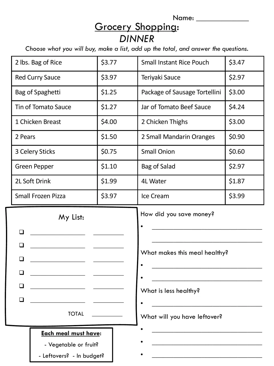 Dinner shopping: students select from 20 priced items like rice and chicken, add costs and note savings and leftovers