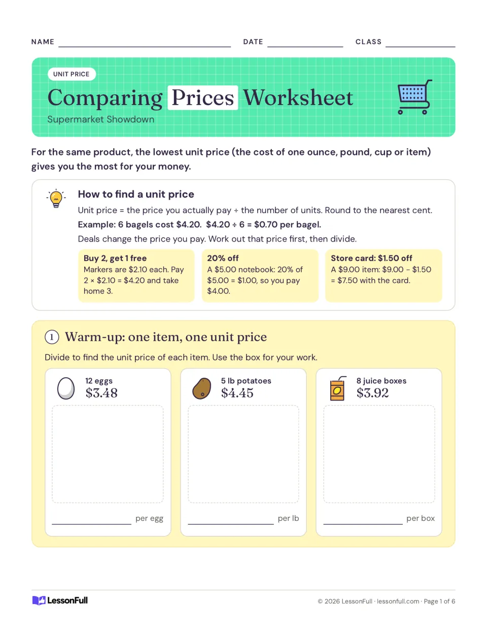 Unit-price introduction and activity 1: calculate prices per egg, pound of potatoes, and juice box.
