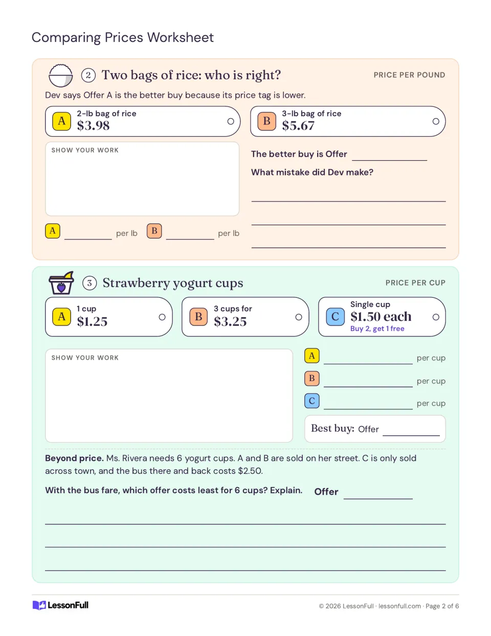 Price comparison activities 2–3: compare rice and yogurt offers, then include bus fare for six yogurt cups.
