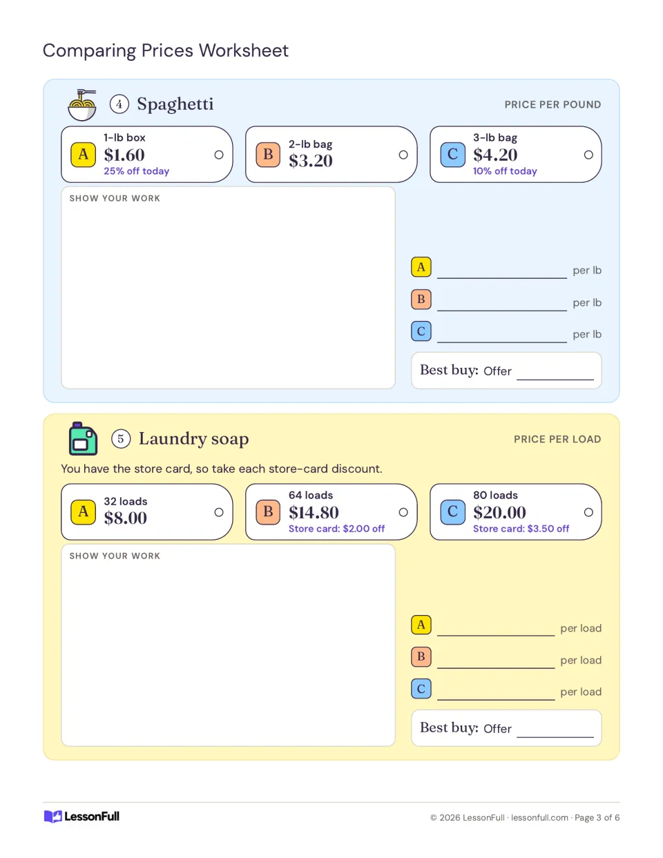 Price comparison activities 4–5: find spaghetti prices per pound and laundry soap prices per load after deals.