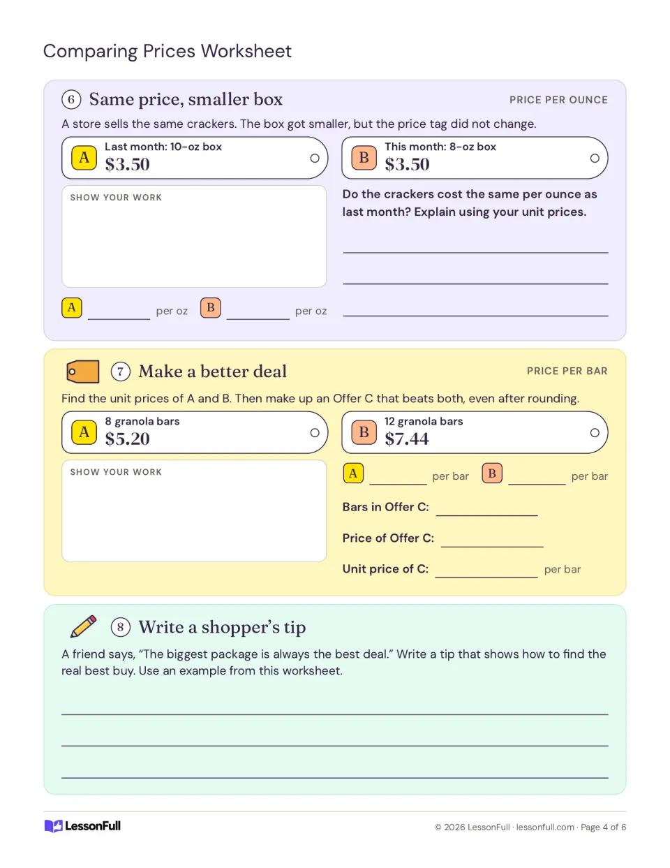 Price comparison activities 6–8: compare smaller cracker boxes, create a granola bar deal, and write a shopper’s tip.