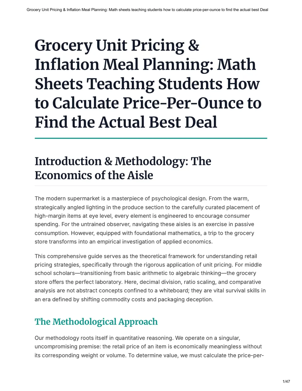 Opening lesson introduces grocery unit pricing, supermarket spending cues, and price-per-ounce comparisons.