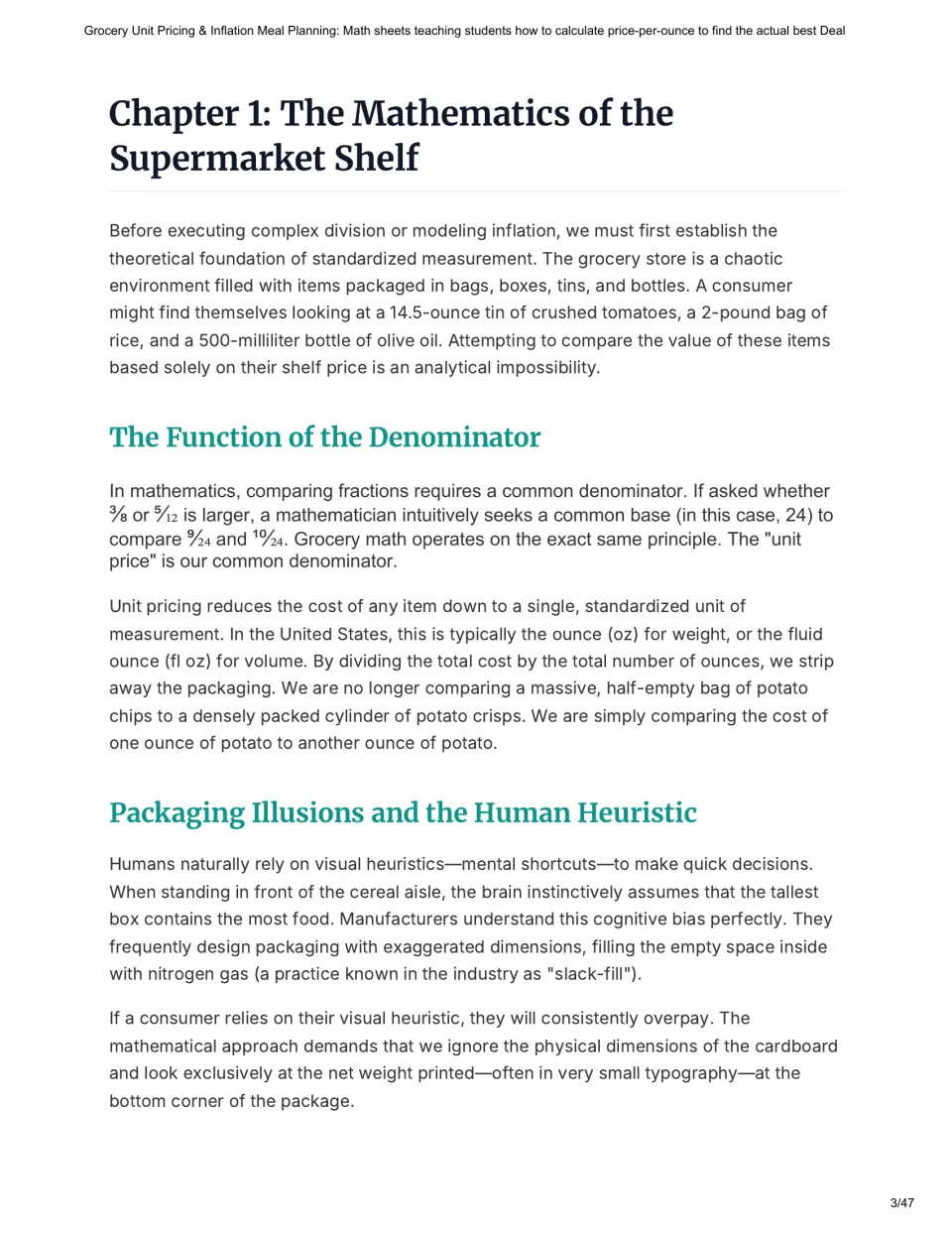 Chapter 1 lesson explains standardized units, common denominators, and packaging size versus net weight.