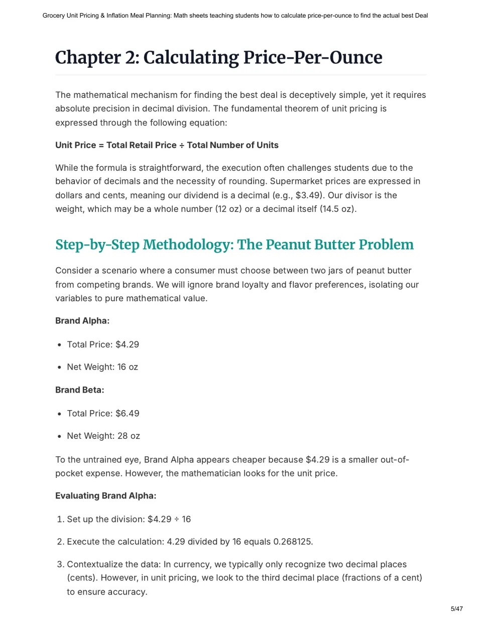 Chapter 2 introduces the unit price formula and compares peanut butter at $4.29 for 16 oz and $6.49 for 28 oz.