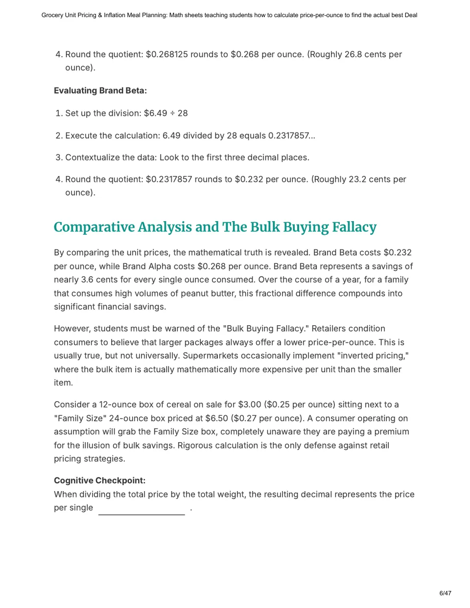 Chapter 2 continues peanut butter calculations and uses cereal prices to show bulk sizes can cost more per ounce.