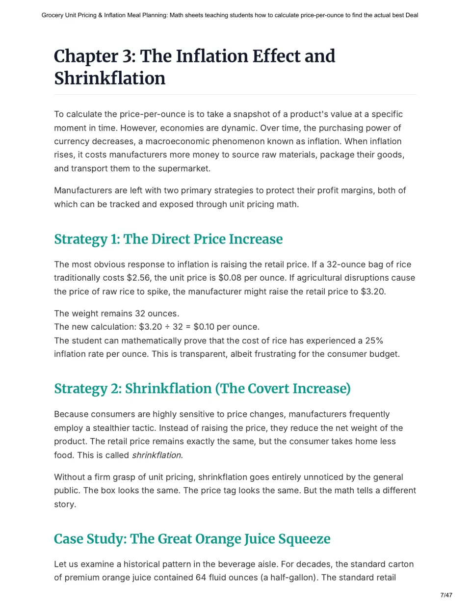 Chapter 3 explains direct price increases and shrinkflation using rice prices and an orange juice case study.