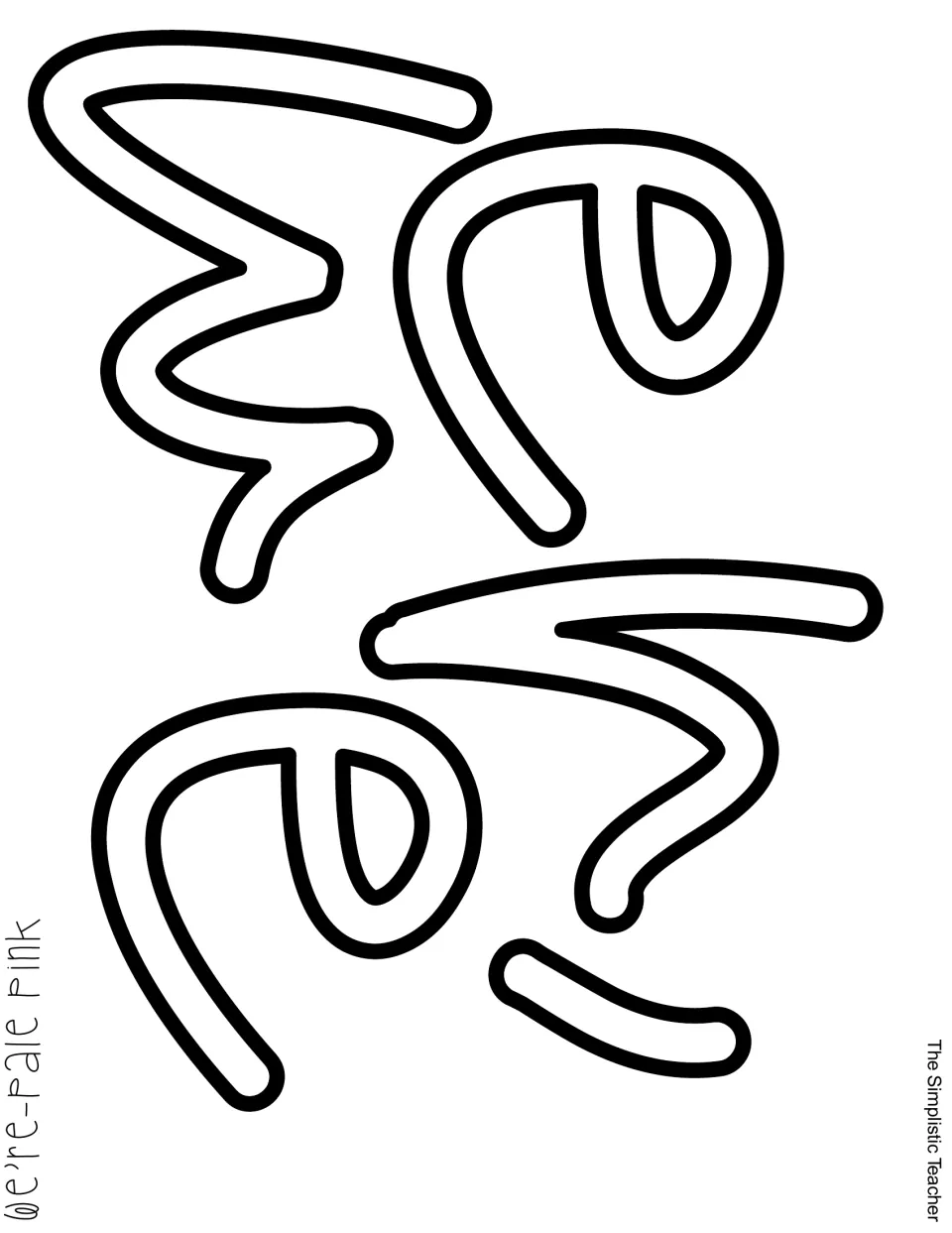 Cut-out piece: blank outlined script letters spelling We're, labeled for printing on pale pink paper