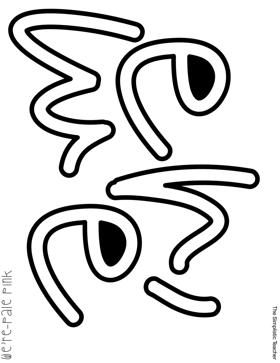 Cut-out piece: outlined We're script letters with the inner holes of each e filled black, ready to print on pink paper