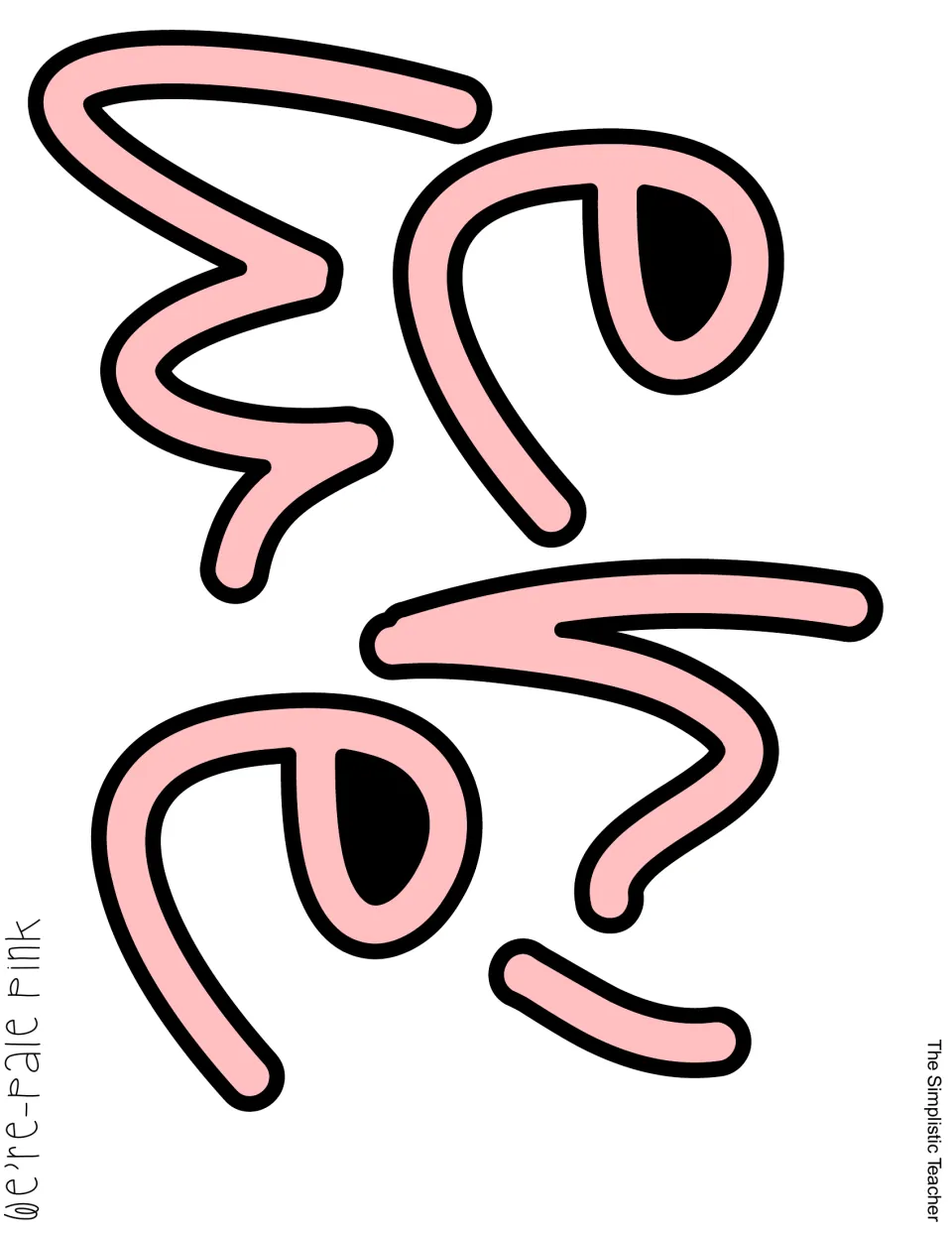 Cut-out piece: pale pink We're script letters with black outlines and black-filled centers in each letter e