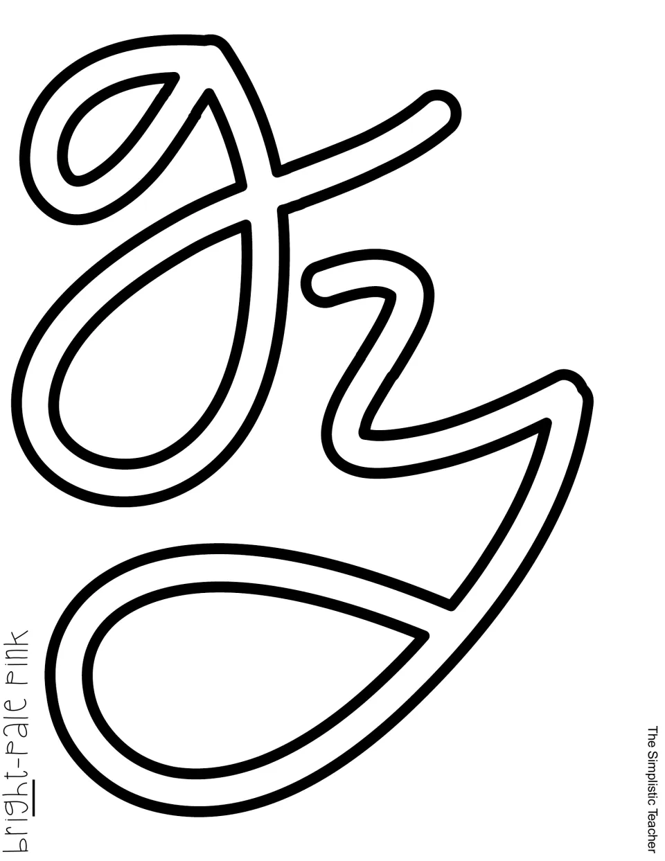 Cut-out piece: more outlined script letters for the word bright, led by a large looped g, to print on pale pink