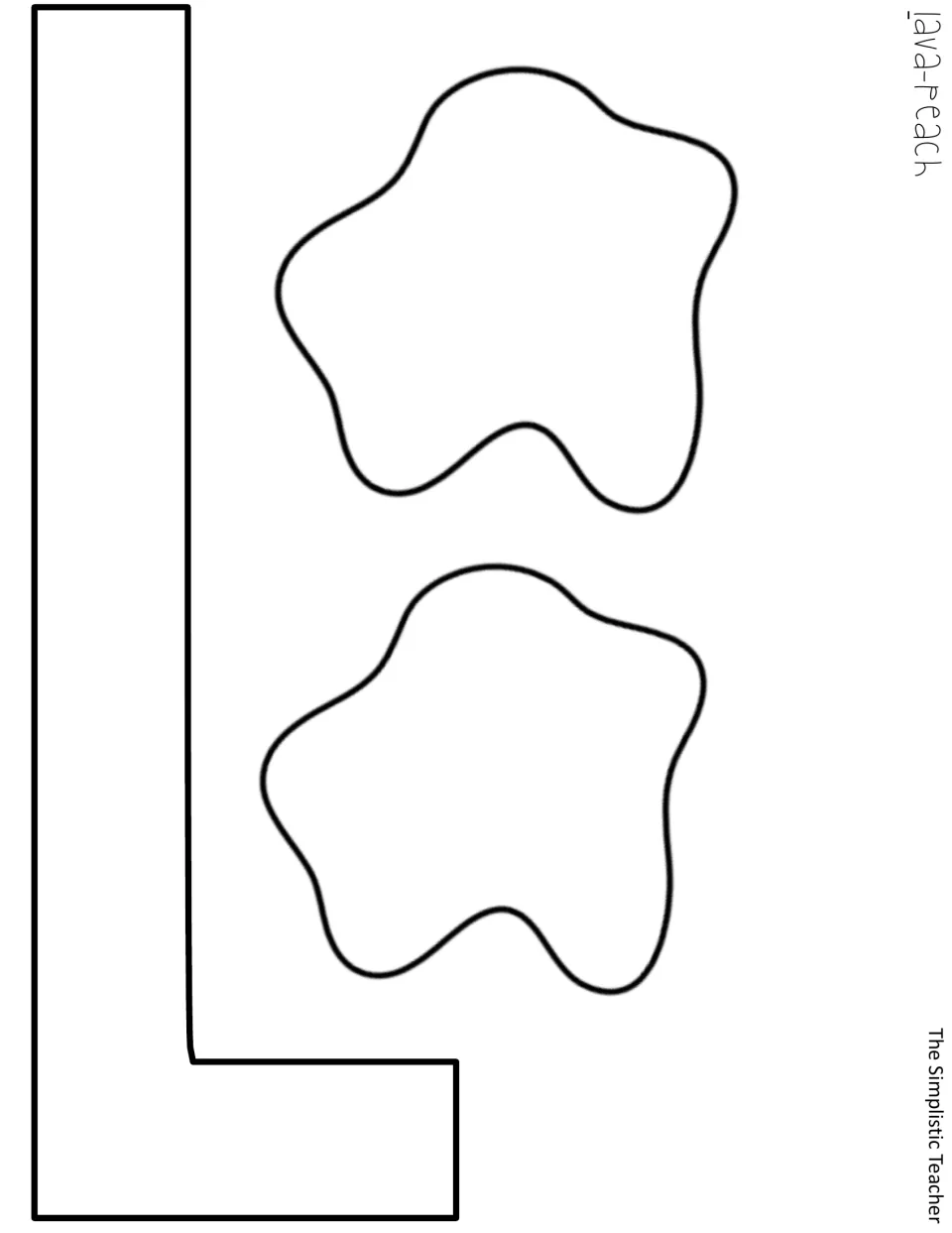 Printable outlined capital L begins “Lava” in the display, paired with two unfilled lava blob accents