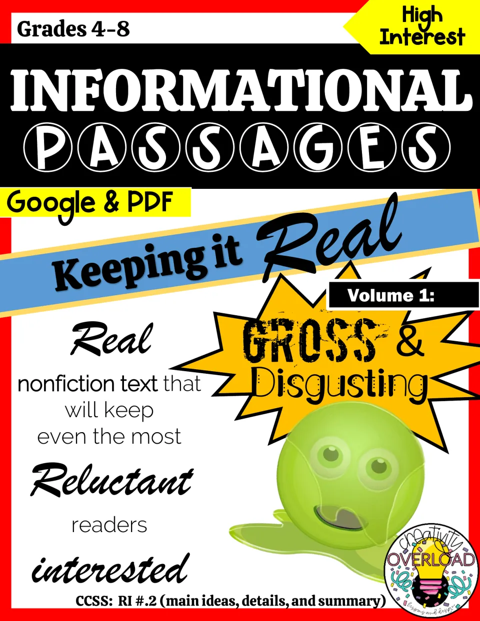 Cover of Gross and Disgusting Nonfiction Texts, Volume 1, for grades 4–8, labeled Google & PDF