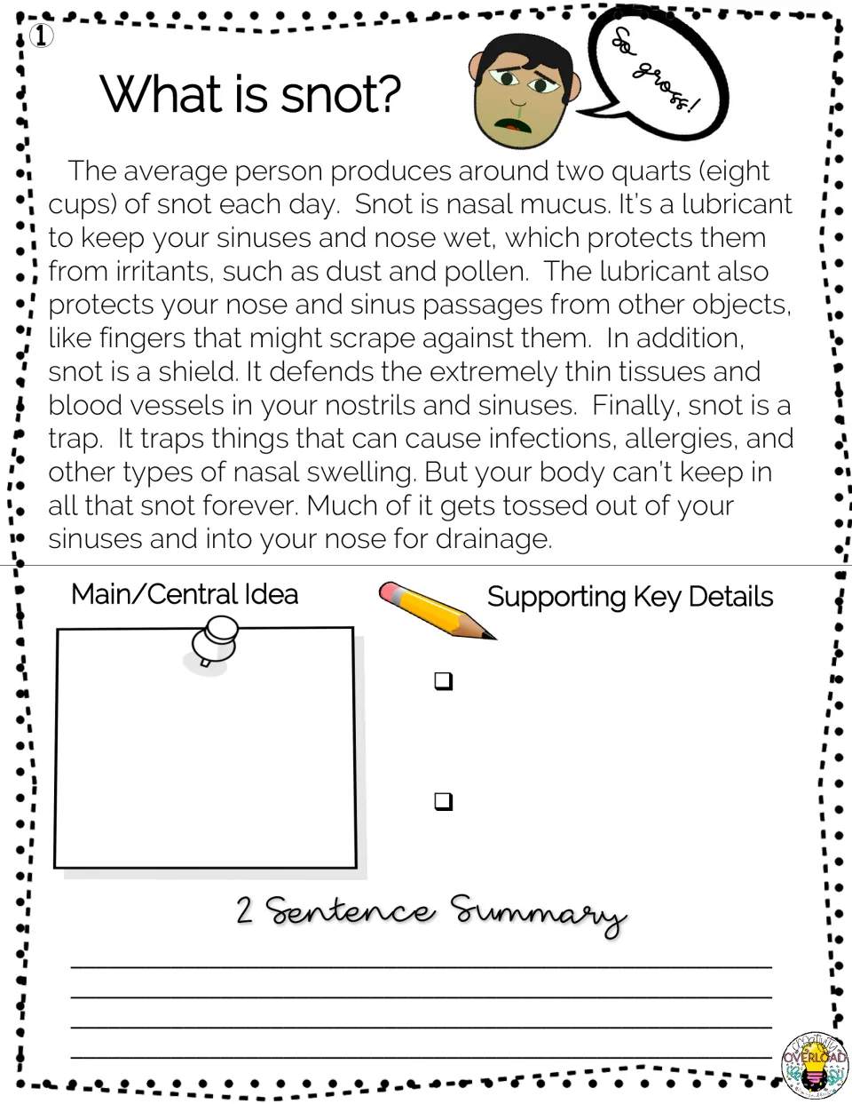 Passage 1, “What is snot?” explains nasal mucus, followed by main idea, details, and summary tasks.