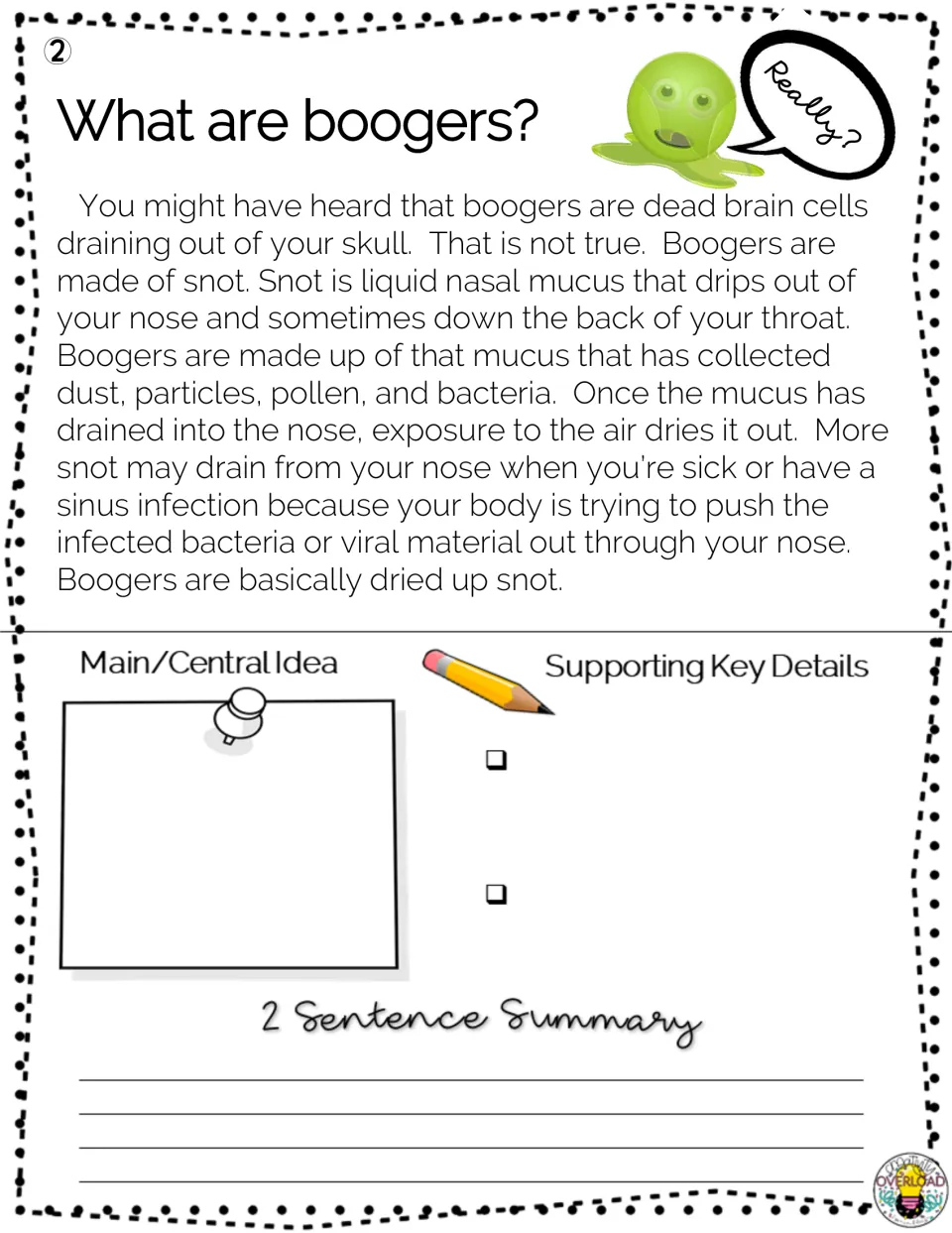 Passage 2, “What are boogers?” describes dried nasal mucus, with main idea, details, and summary tasks.