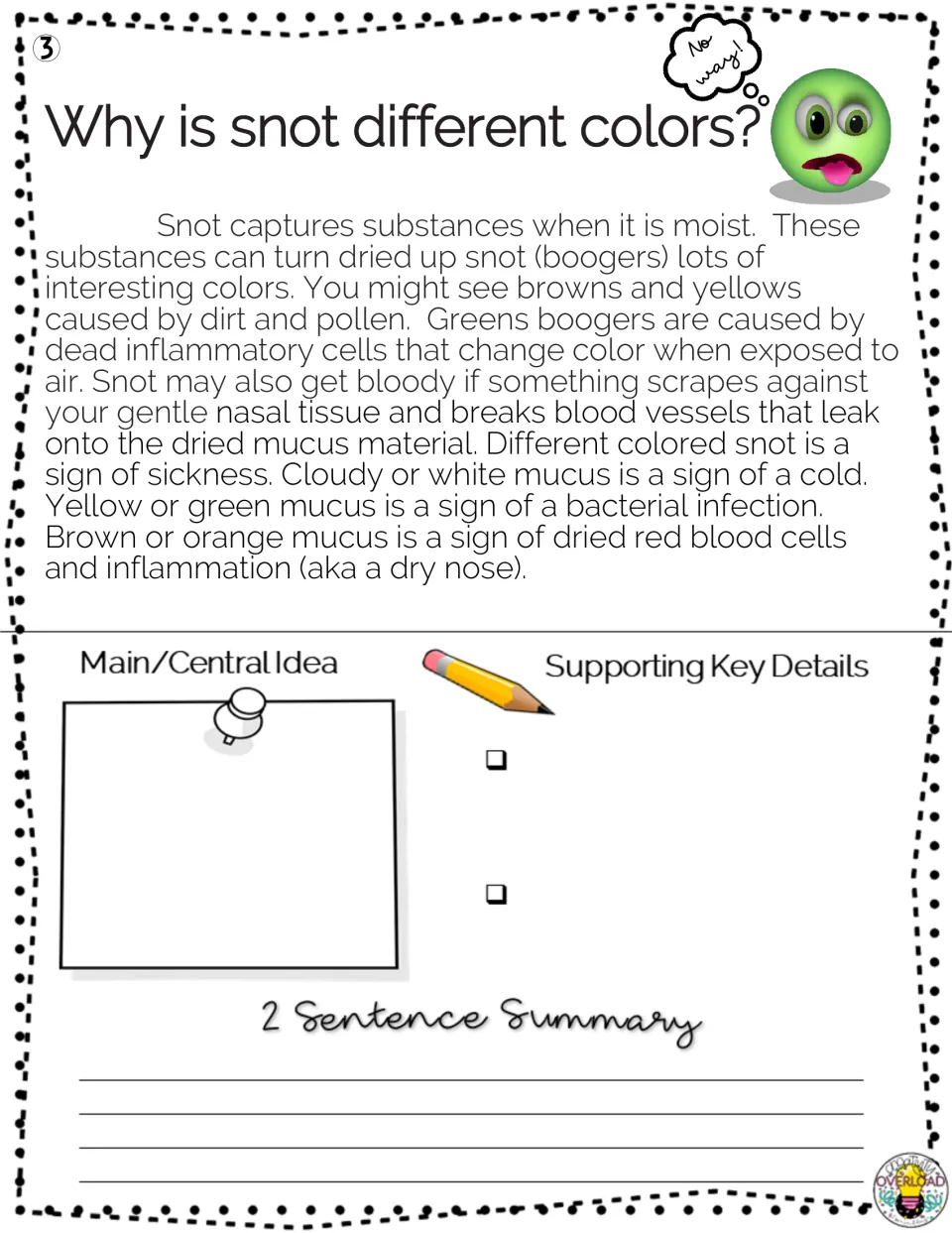Passage 3, “Why is snot different colors?” includes main idea, supporting details, and summary tasks.