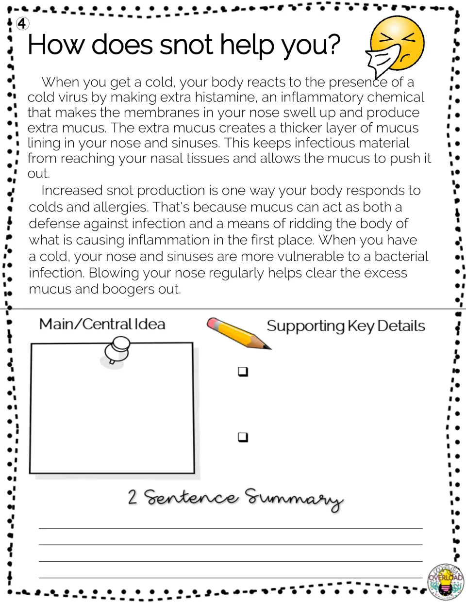 Passage 4, “How does snot help you?” discusses mucus and colds, with main idea, details, and summary tasks.