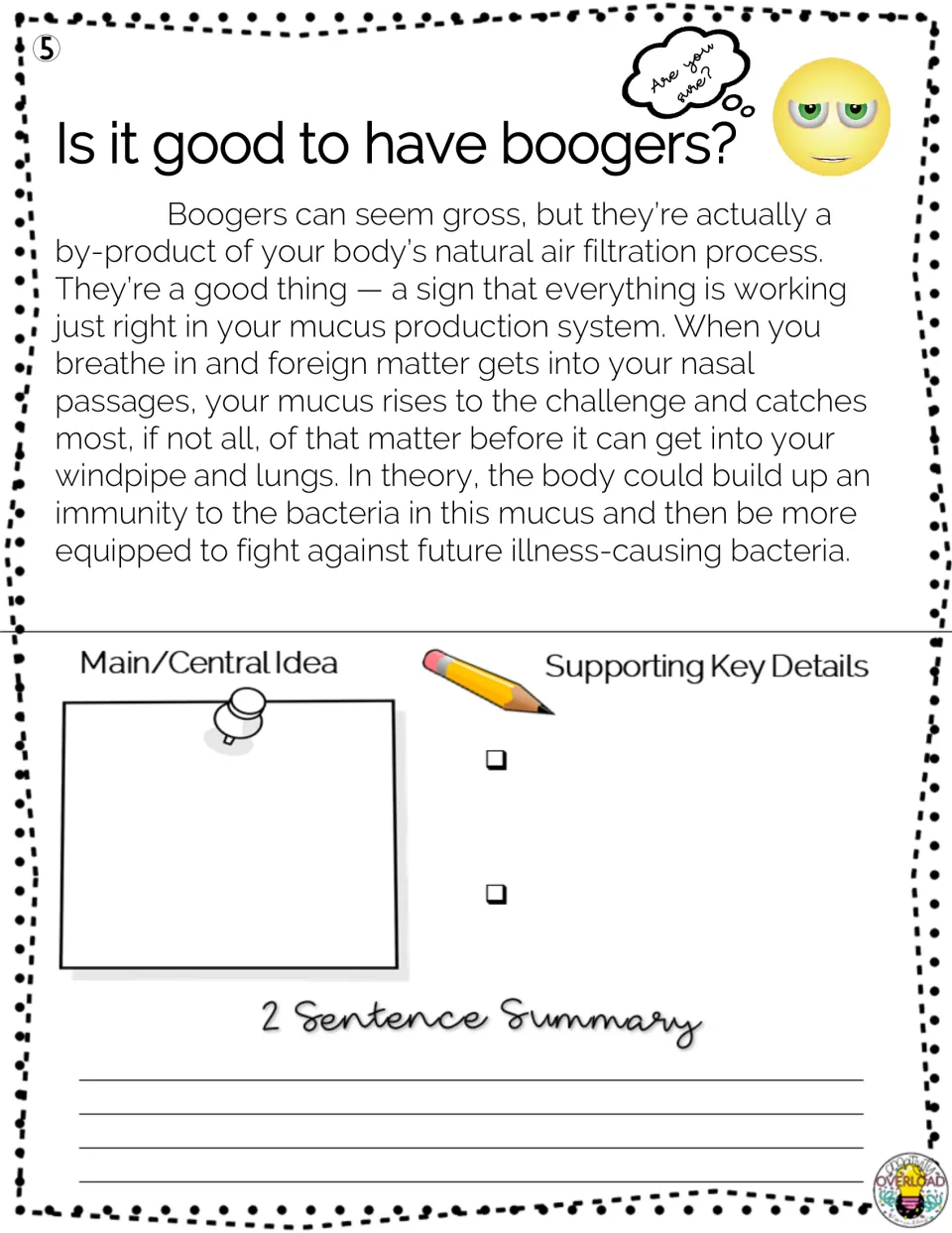 Passage 5, “Is it good to have boogers?” covers air filtration, with main idea, details, and summary tasks.