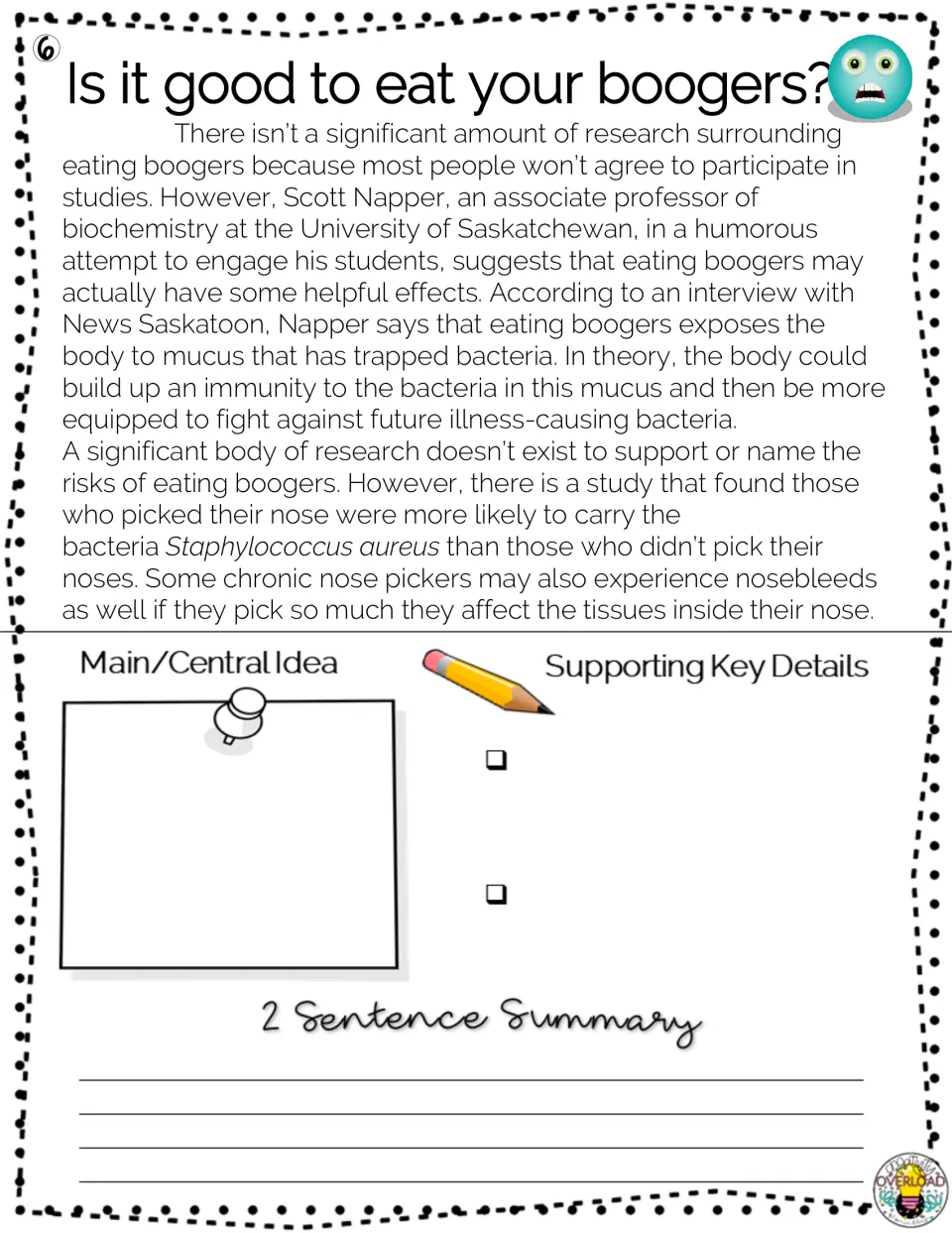 Passage 6, “Is it good to eat your boogers?” includes main idea, supporting details, and summary tasks.
