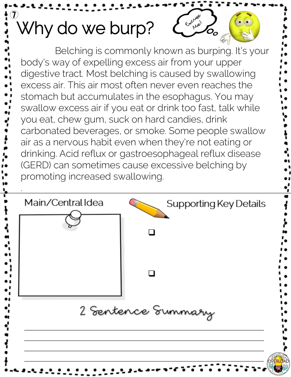 Passage 7, “Why do we burp?” explains swallowed air and belching, with main idea, details, and summary tasks.