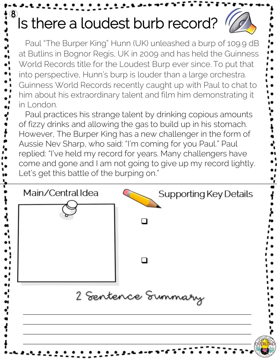 Passage 8 discusses Paul Hunn’s loud burp record, followed by main idea, details, and summary tasks.