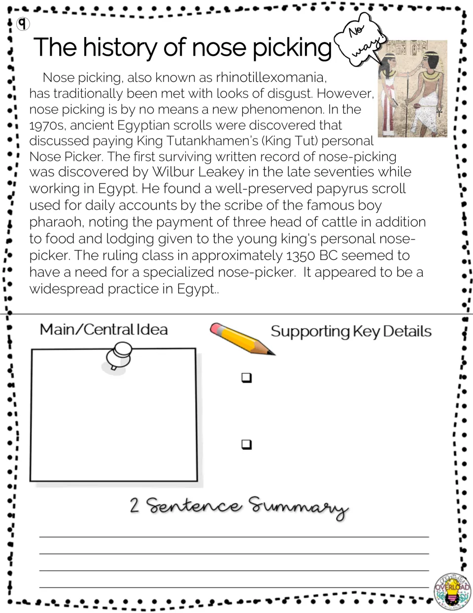Passage 9, “The history of nose picking,” presents an Egyptian account, with main idea and summary tasks.