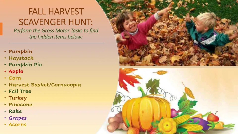 Scavenger hunt introduction listing 12 fall items to find, including pumpkin, haystack, pumpkin pie, and apple.