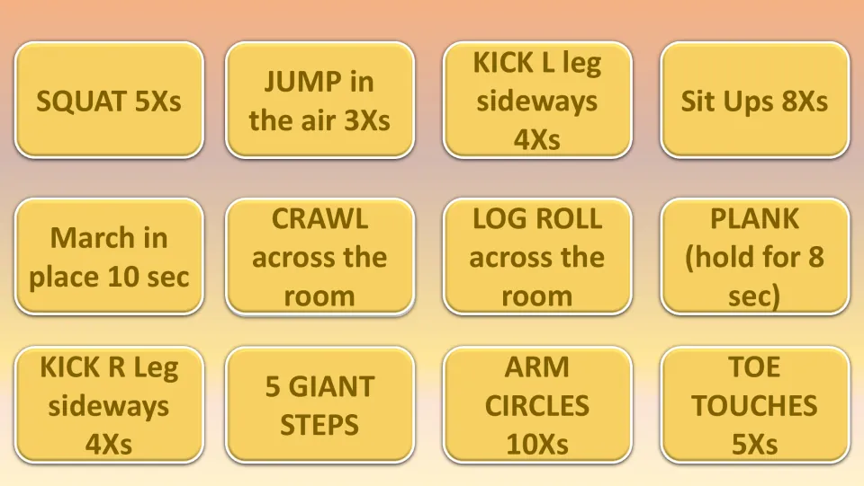Scavenger hunt task cards: 12 movements, including five squats, three jumps, eight sit-ups, and arm circles.