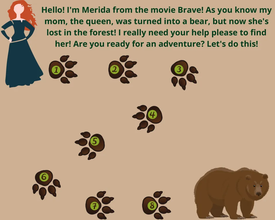 Story intro: Merida says her mom, the queen, became a bear and is lost; paw prints numbered 1 to 8 lead to a bear