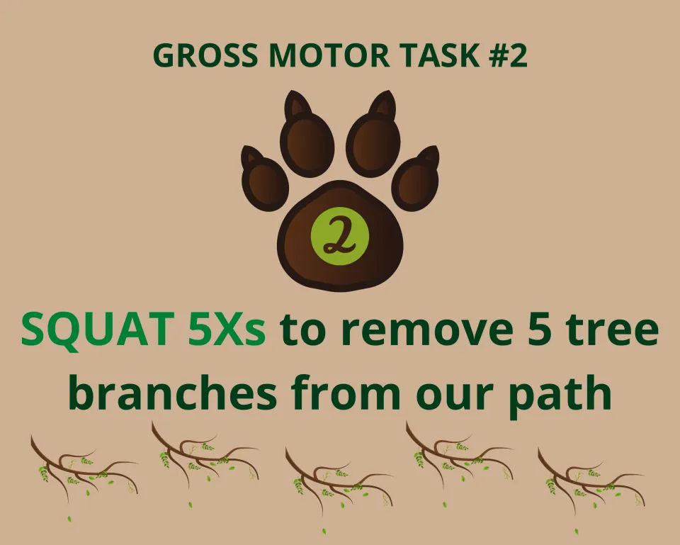Task 2 card: students squat 5 times to clear 5 tree branches from the path, with five branch drawings to count along
