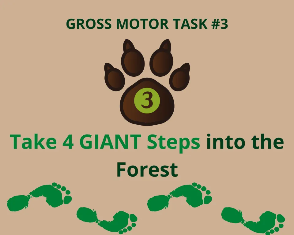 Task 3 card: students take 4 giant steps into the forest, with a row of green footprints showing the stepping pattern
