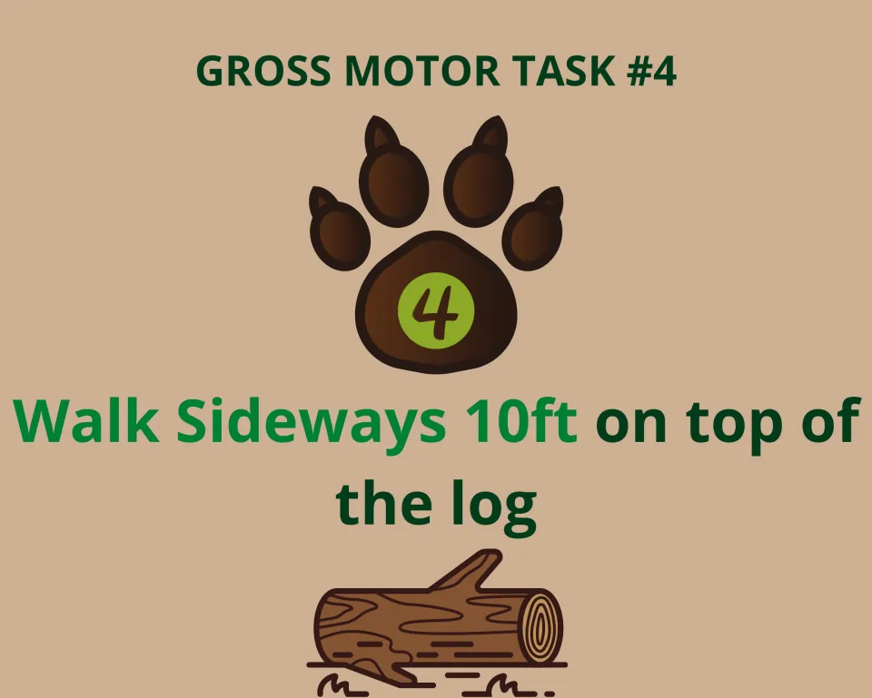 Task 4 card: students walk sideways 10 feet on top of a log for balance practice, shown with a drawing of a fallen log