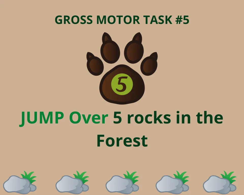 Task 5 card: students jump over 5 rocks in the forest, with five gray rocks and grass tufts pictured to jump across