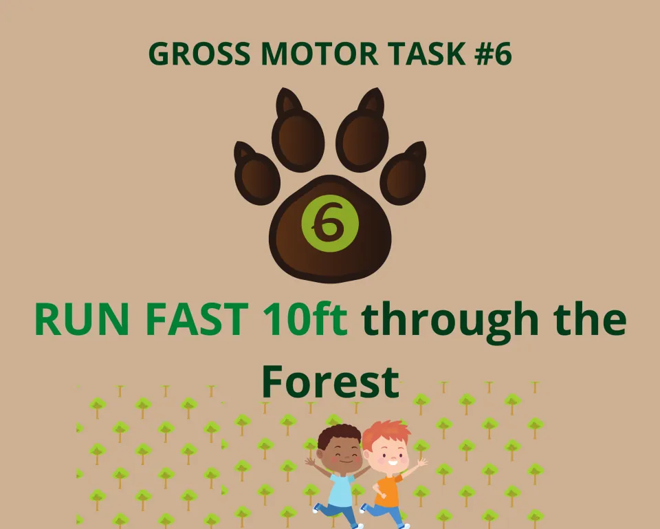 Task 6 card: students run fast 10 feet through the forest, illustrated by two smiling children running past small trees
