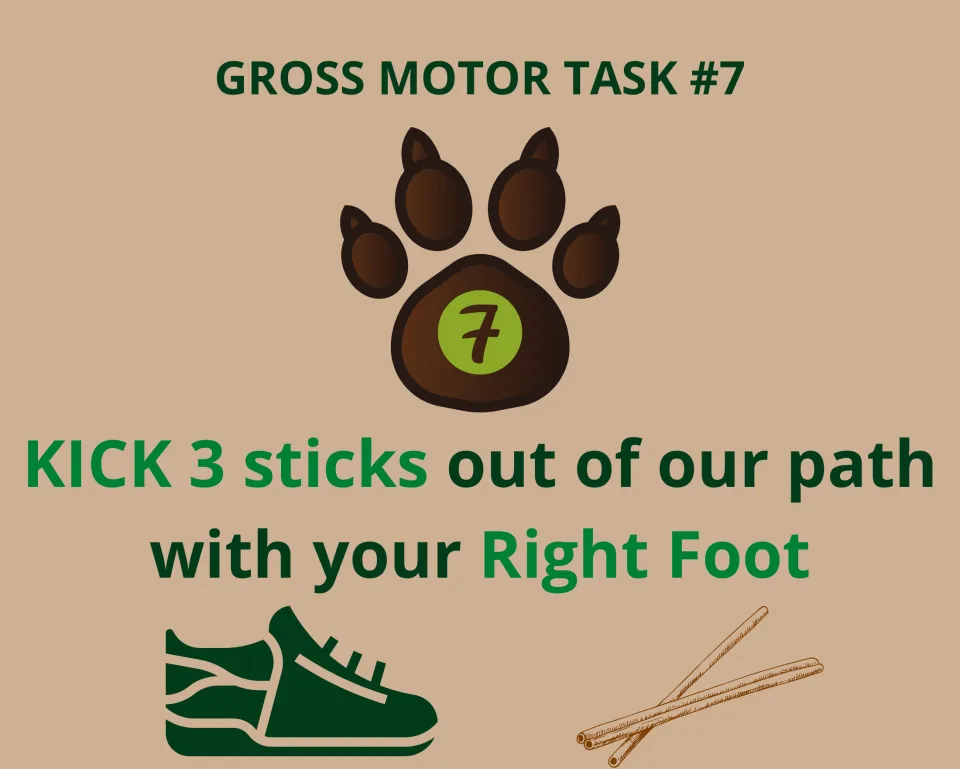 Task 7 card: students kick 3 sticks out of the path with their right foot, shown with a green sneaker and crossed sticks