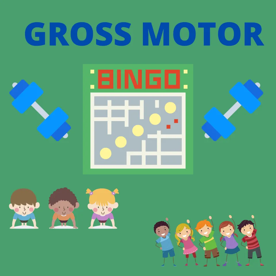 Cover of Gross Motor Bingo Game, a movement game with five bingo cards and one calling task list