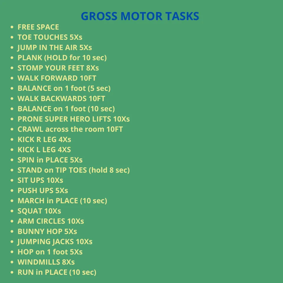 Calling task list for movement bingo: free space, toe touches five times, a 10-second plank and 22 more tasks