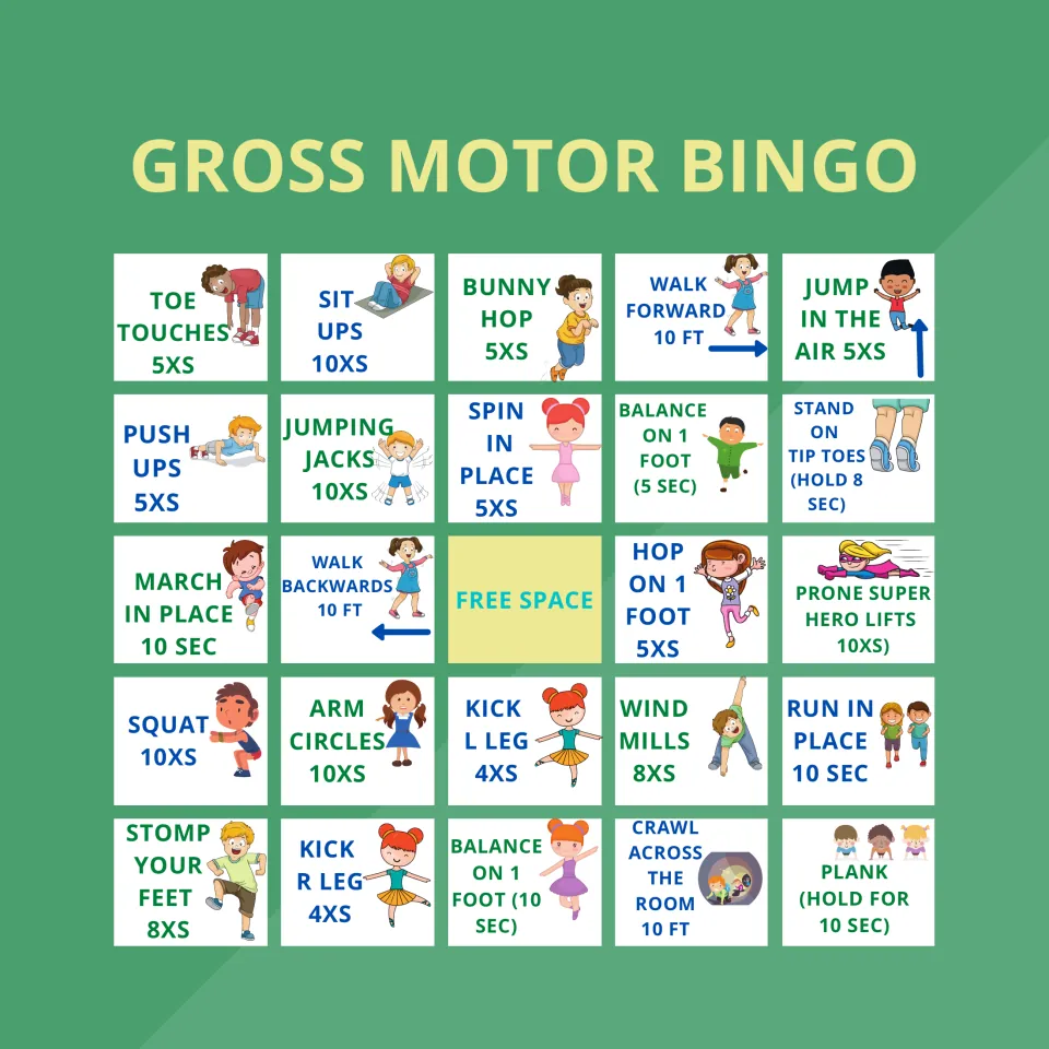 Movement bingo card 1 of 5: 24 tasks and a free space, including five toe touches and 10 sit-ups