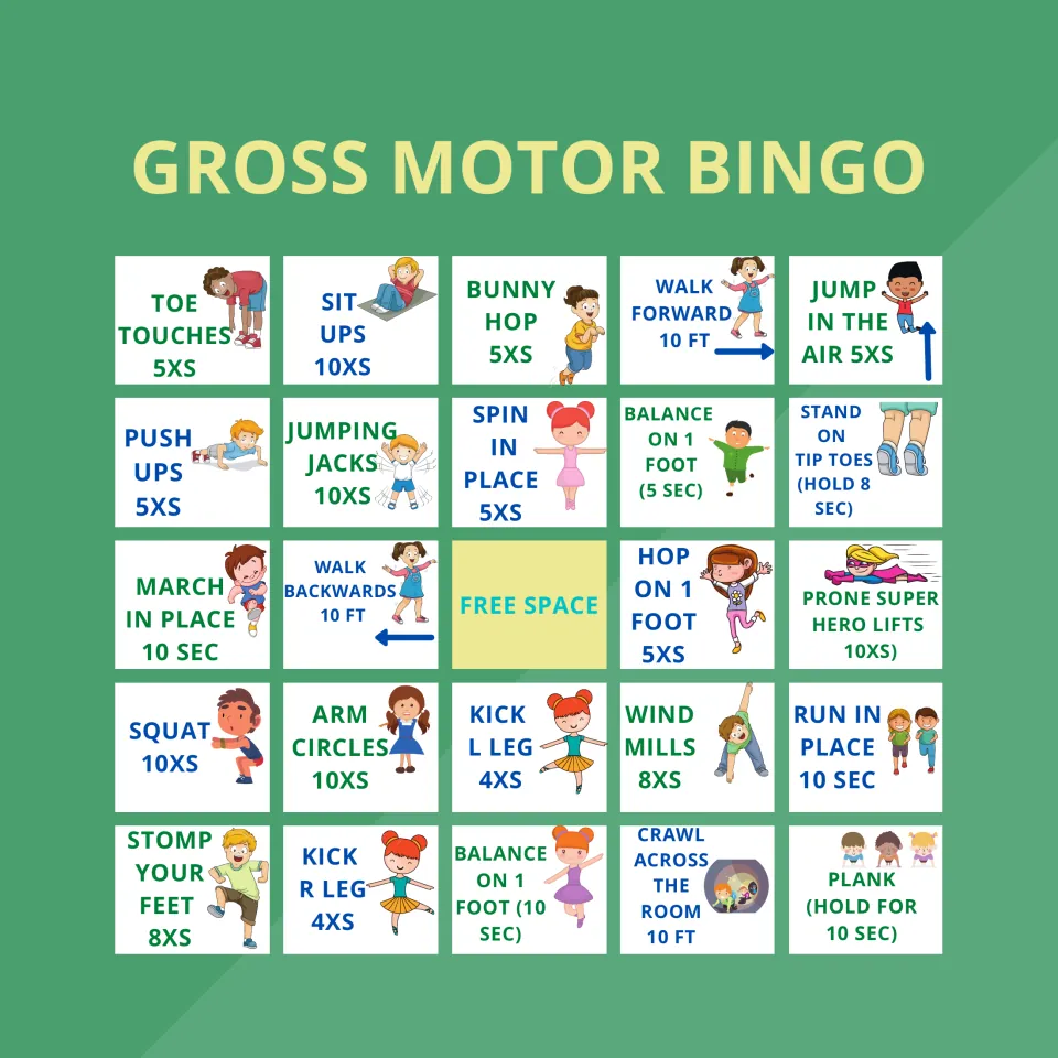 Movement bingo card 2 of 5: the same 24 tasks and free space, including five bunny hops and five push-ups