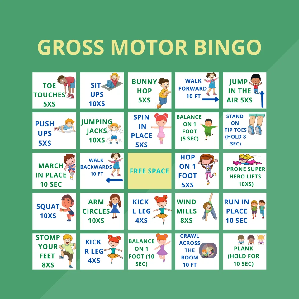 Movement bingo card 4 of 5: the same 24 tasks and free space, including 10 arm circles and eight windmills