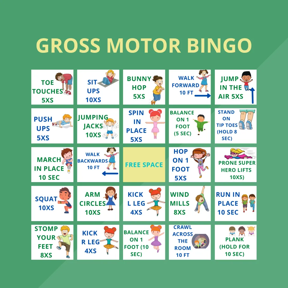Movement bingo card 5 of 5: the same 24 tasks and free space, including crawling 10 feet and a 10-second plank