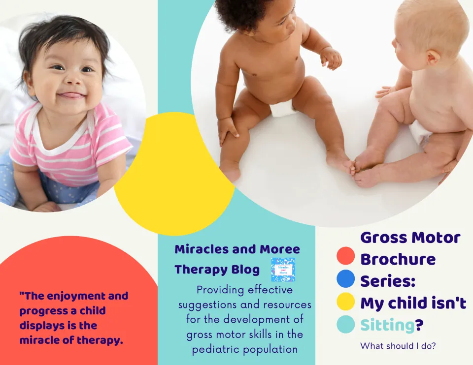 Cover of a parent brochure on infant sitting skills: 'My child isn't Sitting? What should I do?' with photos of babies