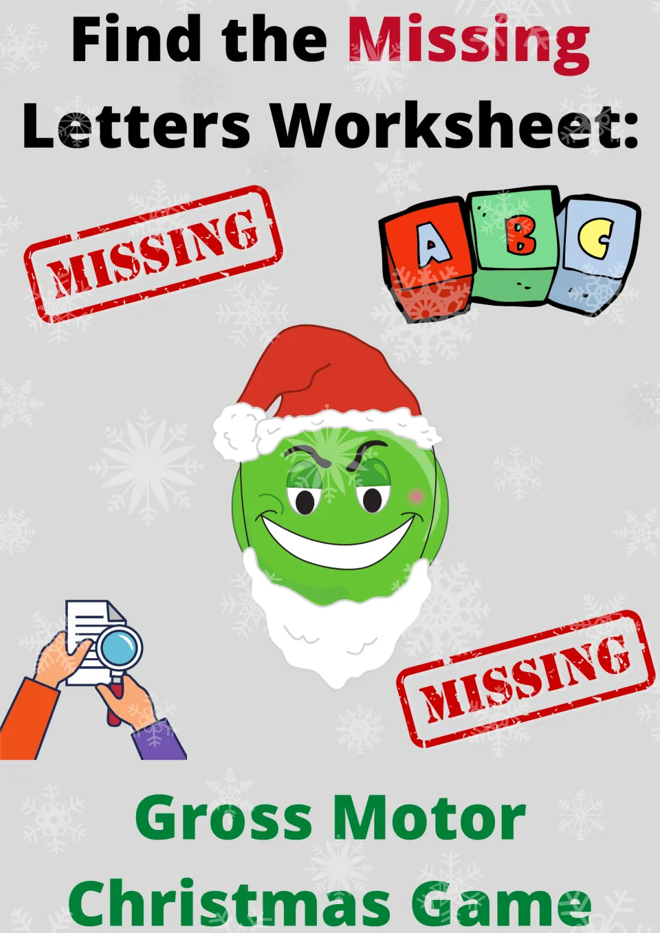 Cover of a Christmas missing-letters movement game with a green Grinch face in a Santa hat, ABC blocks and MISSING stamps
