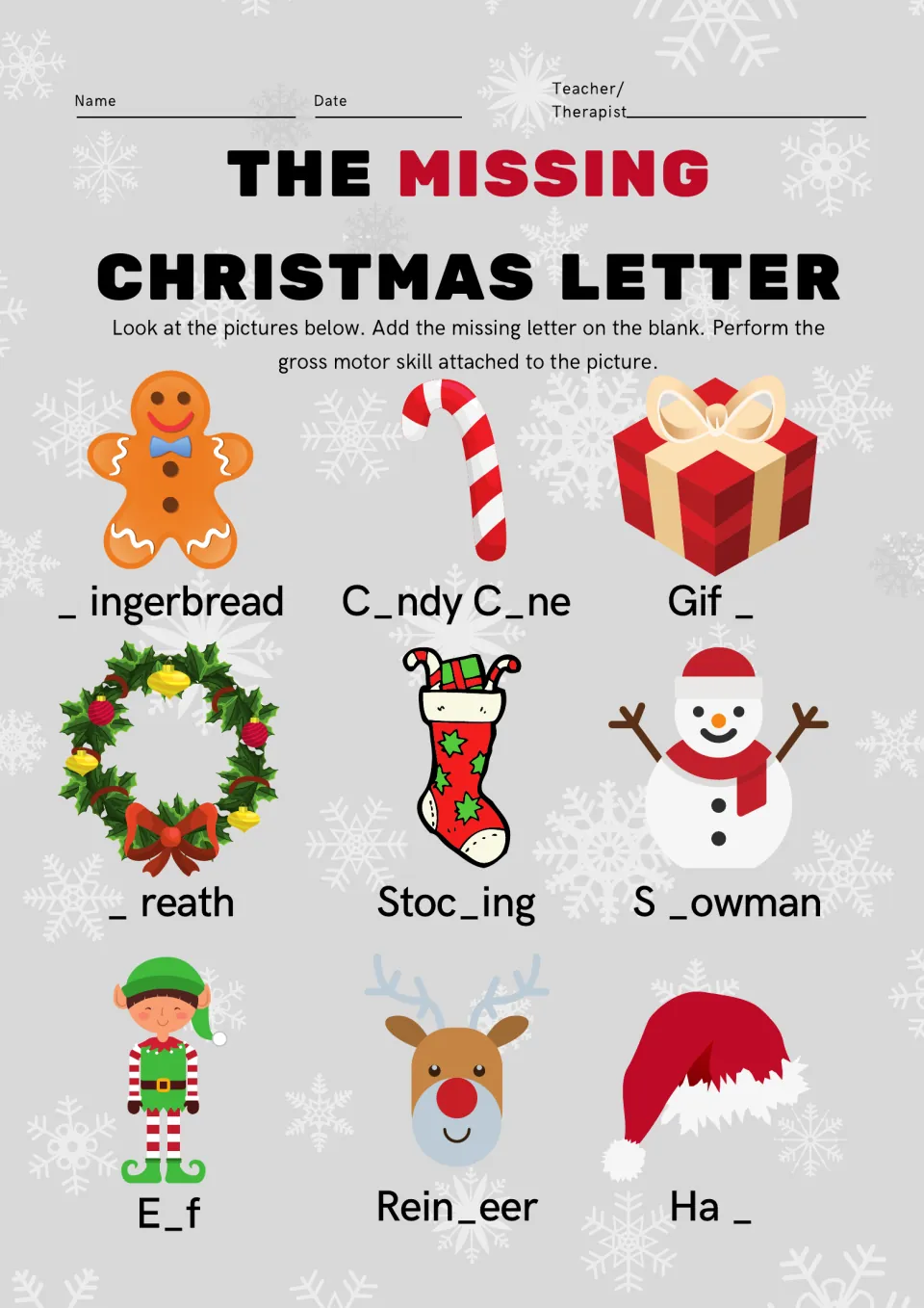 Second missing-letter page: students complete 9 picture words like _ingerbread, C_ndy C_ne, Stoc_ing and Rein_eer