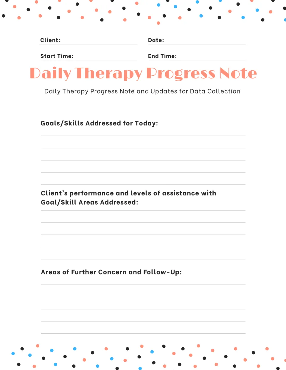 Session progress write-up: therapists record today's goals, client performance and assistance levels, and follow-up concerns