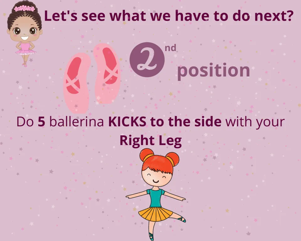 2nd position kicking task: students do 5 ballerina kicks to the side with their right leg, shown by a dancing girl