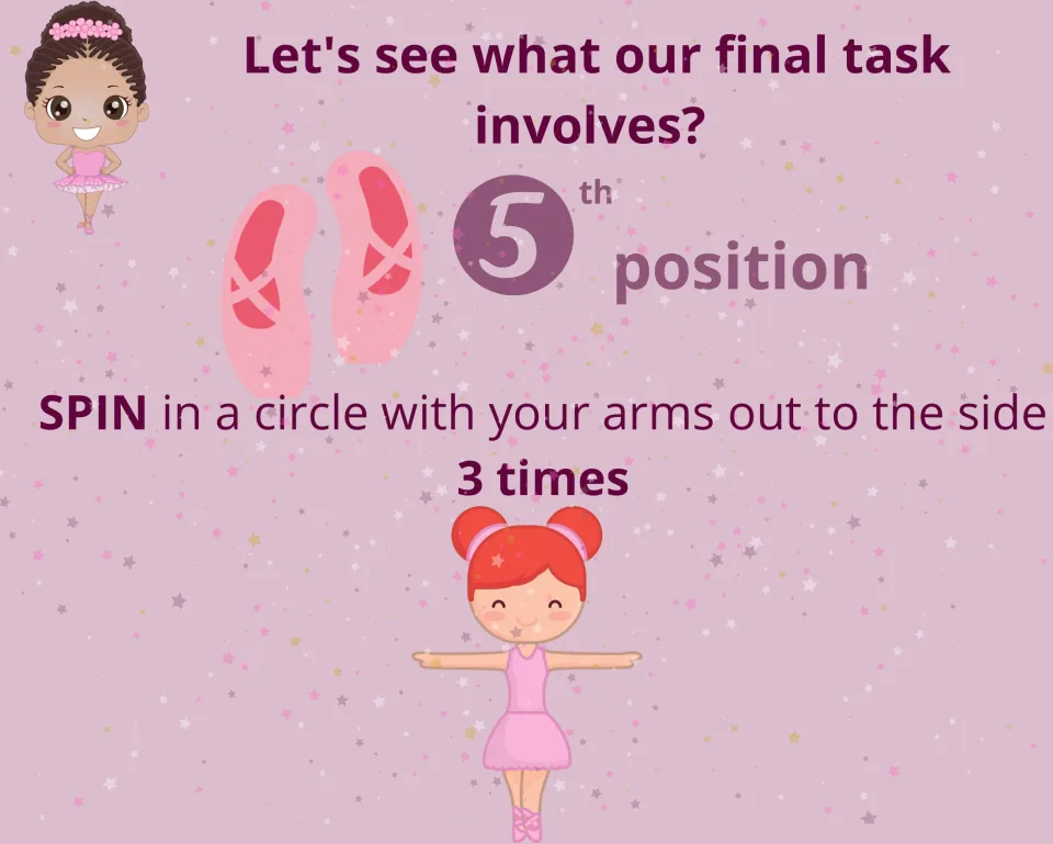 5th position final task: students spin in a circle 3 times with their arms held out to the side like the pictured dancer