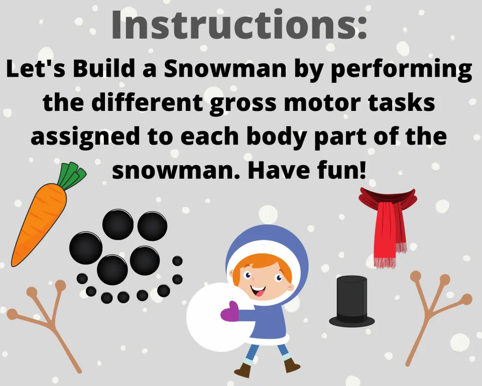 Game instructions: students build a snowman by doing the gross motor task assigned to each snowman body part