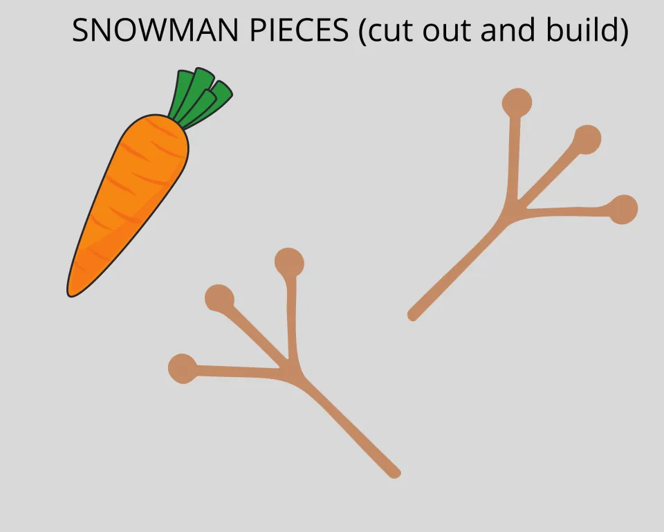 Snowman pieces to cut out: an orange carrot nose and two brown stick arms for adding to the snowman during the game