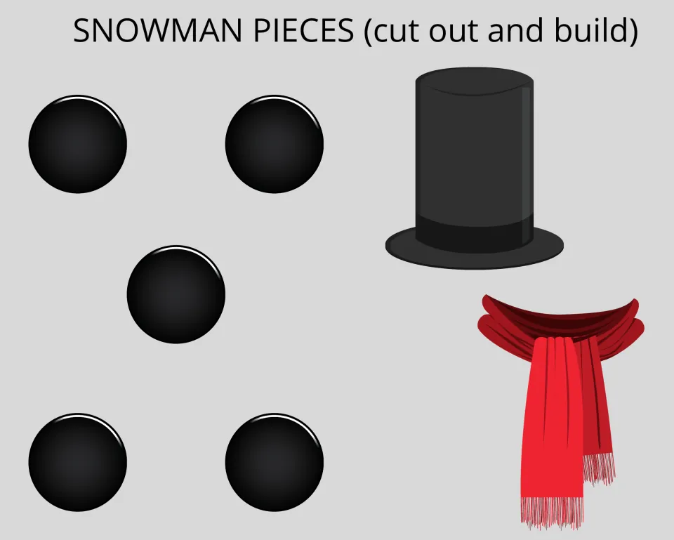 Snowman pieces to cut out: five large black buttons, a black top hat and a long red scarf to dress the snowman