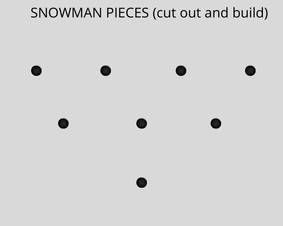 Snowman pieces to cut out: eight small black buttons that form the snowman's smiling mouth